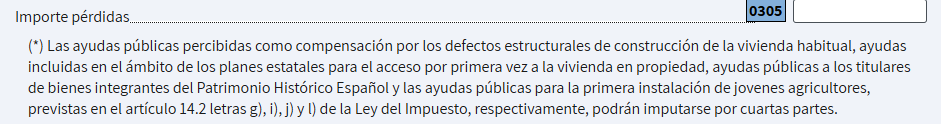 Captura de pantalla: Casilla 0305: Pérdidas por robo o estafa