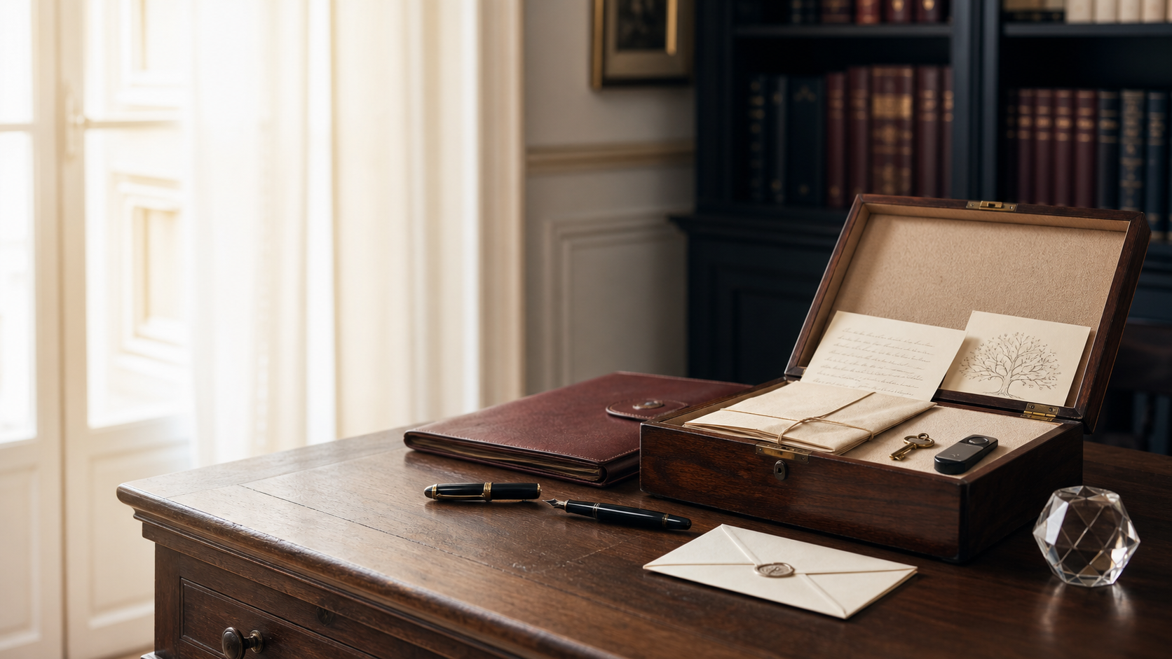 Documentos y objetos de una herencia con criptomonedas sobre el escritorio de un despacho