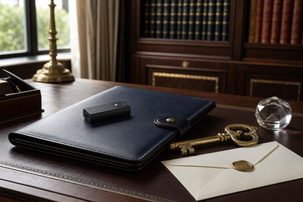Carpeta con billetera fría y llave que representa un bloqueo bancario resuelto